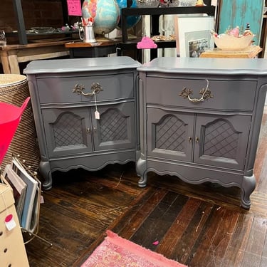 A pair! Gray painted faux French nightstands. 25” x 17” x 27” 