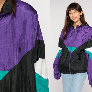 90s Windbreaker Purple Black Color Block Zip Up Jacket Retro Striped Light Nylon Shell Hipster Streetwear Sporty Vintage 1990s Mens Large L 