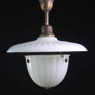 Rare 1910s Milk Glass Fluted Semi Flush Pendant Light
