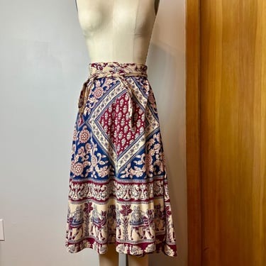 70’s hippie Wrap skirt~ India print birds Shiva 100% cotton Vintage boho style~ adjustable size 28”- 32” waist 