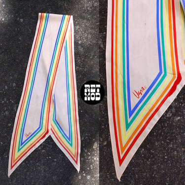 Vera Neumann Vintage 70s Rainbow Stripe Taupe Colored Pointed Long Skinny Silk Scarf 