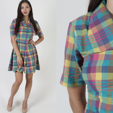 Colorful Rainbow Plaid Dress / Vintage 1980s Bright Checker Picnic Dress / Button Up Summer Party Sundress 