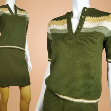 Mod sweater set mini skirt vintage 1960s skirt suit knit olive avacado tan. (S) 