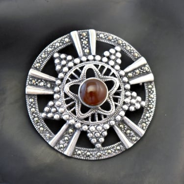 60's sterling carnelian marcasite beaded stars shield brooch, 925 silver pyrite star on star mid-century pin 