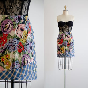 cute cottagecore skirt 90s y2k vintage Anne Klein poppy floral plaid linen short wrap skirt 