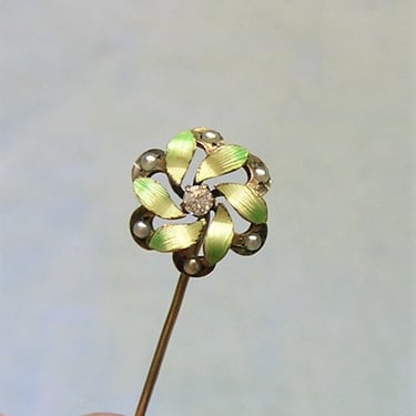 Antique 14K Gold, Enamel and Diamond Stick Pin, Gold Stick Pin With Enamel and Pearls, Antique 14K Gold Stickpin (#4032) 