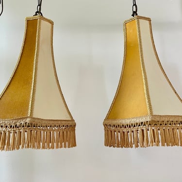 Vintage Swag Lamps - Gold and Ivory/Ecru Fabric Swag Lamps - Gold Trim and Fringe - Vintage Lighting - Hanging Pendant Lamps - Pair of Lamps 