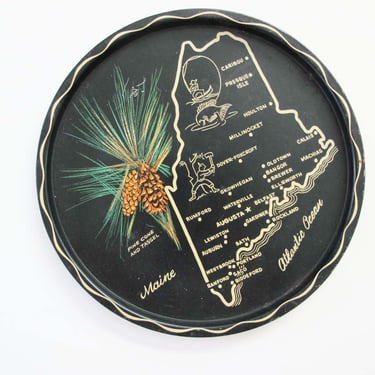 Vintage Maine Tin Plate - 50s Maine Map Souvenir Black Metal Plate -  Shabby Chic Cottage Decor 