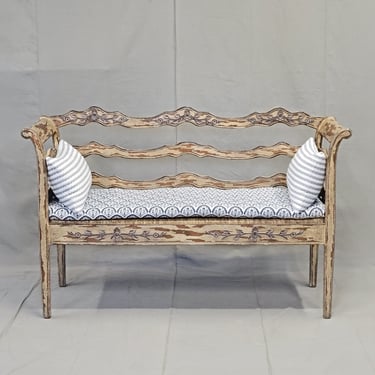 Vintage French Country Carved Wood Bench With Rush Seat and New Cushions