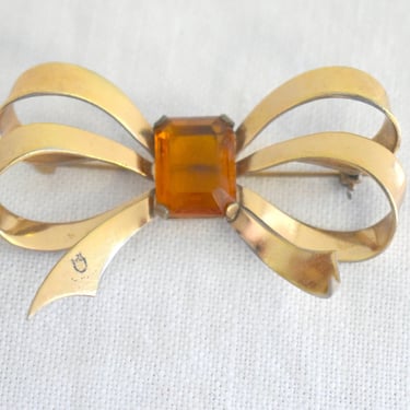 1950s Mexican Gold Bow Brooch with Rhinestone 