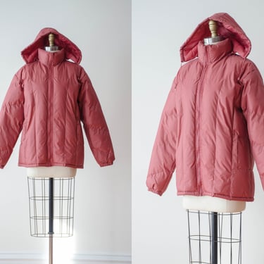 pink puffer coat | 80s vintage dark pink quilted down jacket warm winter hooded puffy coat for women 