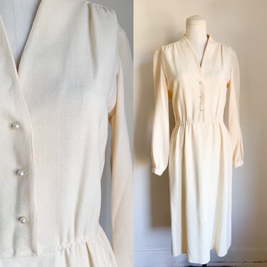 Vintage 1980s Cream Shirt Waist Dress w/pearl buttons / M 