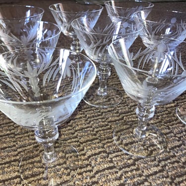 Sale~9 Beautiful Aperitif Cordial Coop Glasses Etched Clear Cut wine glasses set of 9 Crystal Glass Set~ Deco 1940s pedestal sherbet parfait 