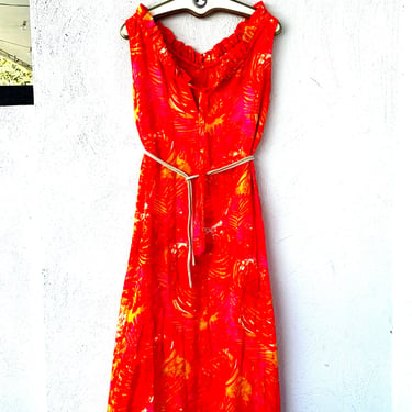 Vintage 60s 70s Hawaiian Psychedelic Day Glo Dress 1960s 1970s Hawaii Boho Hippie Neon Floral Dress 