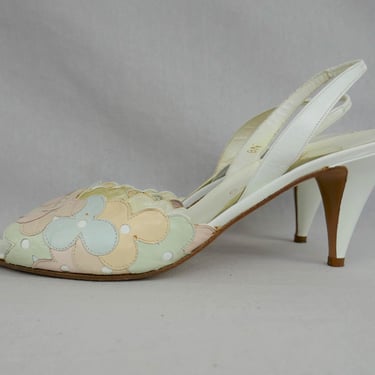 80s White Leather High Heel Sandals - Pale Pastel Pink Blue - Open Toe - Garolini Slingbacks - made in Italy - Vintage 1980s - 8 N NARROW 