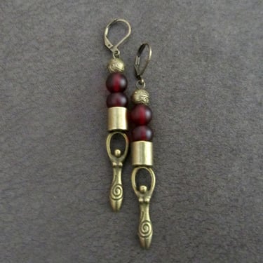 Red frosted glass and bronze goddess earrings 