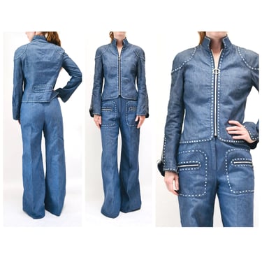 70s Authentic Vintage Rhinestone Denim Jacket shirt Bell Bottom Jeans Pants Set Medium Large by Ayako 