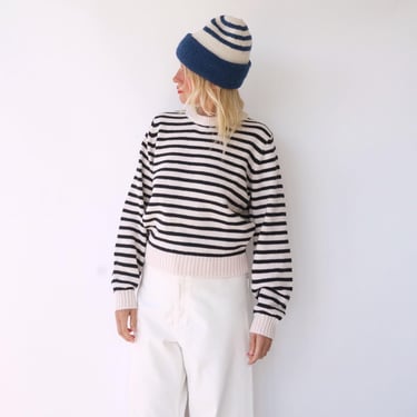 Vintage French Stripes Black And White Knitted Sweater | Round Neck Striped Long Sleeve Sweater | Perfect Sailor Mariniere | Breton Sweater 