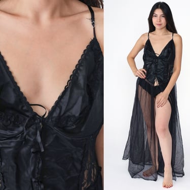 Sheer Black Nightgown 80s High Front Slit Slip Dress Maxi LACE Boho Lingerie Underwire Corset Lace Up Vintage Gothic Empire Waist 2xl 3xl 