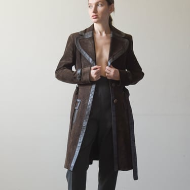 3291o / brown suede leather belted trench coat 