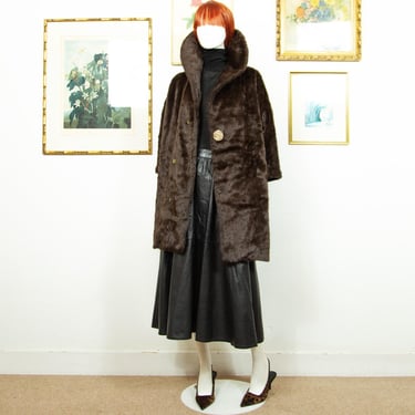 Vintage 1960s Dark Brown faux Fur Kimono Coat With Buttons Size M UK 12 