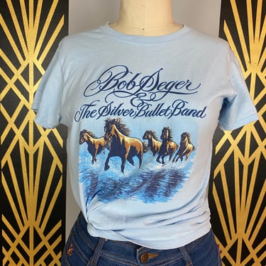 Bob Seger t shirt, vintage 80s band tee, streetwear style, 1980s t-shirt, baby blue, horses, small medium, gildan shirt, concert tee, 34 36 
