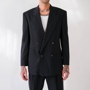 Vintage 80s Giorgio Armani Le Collezioni for Saks Fifth Avenue Black Herringbone Double Breasted Suit | Made in Italy | 1980s Designer Suit 