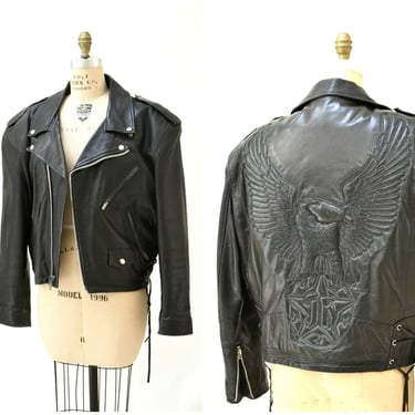Vintage Black Leather Jacket  Motorcycle Biker Jacket with Eagle Bird Large XL// Vintage Black Leather Biker Jacket Jeff Hamilton JH Leather 