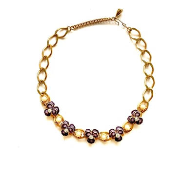 Vintage 80s 90s Gold Chain Choker with Rhinestone Purple Flower Pearl Necklace 