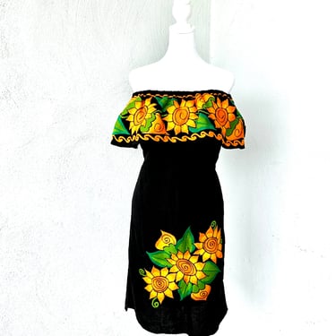 Vintage Mexican Embroidered Dress Floral Boho Off Shoulder One Shoulder Dress 