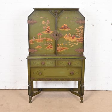 Chinoiserie Jacobean Green Lacquered Hand Painted Bookcase or Bar Cabinet, Circa 1920s