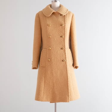 Fabulous 1960's Camel Color Woven Wool Coat By Dumas / Medium