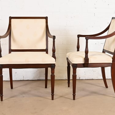 French Regency Louis XVI Carved Mahogany Arm Chairs, Pair