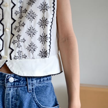 white cotton cross stitched sleeveless 60s blouse 