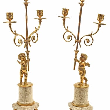 Pair of Antique Empire Style Cherub Putti Figure Gilt Bronze Ormolu & Marble Two Light Candelabras 