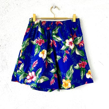 Vintage 80s 90s Hawaiian Floral Shorts Blue Floral High Waisted Shorts 