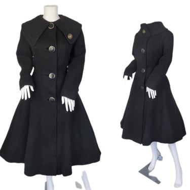 New Look Era 1950's Black Wool Mohair Princess Seam Coat I Sz Med I B: 40" 
