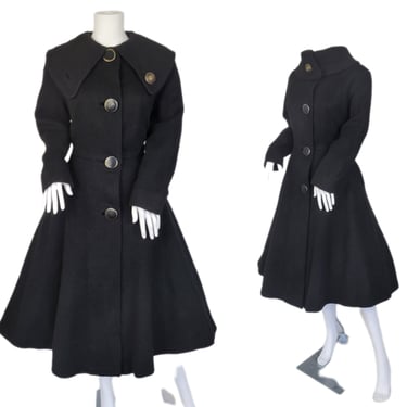 New Look Era 1950's Black Wool Mohair Princess Seam Coat I Sz Med I B: 40