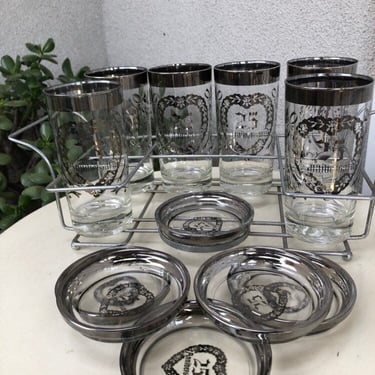Vintage glass tumblers glasses  with coasters set silver platinum 25th anniversary theme silver rims art set of 6 plus carrier 