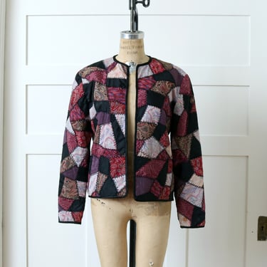 vintage crazy quilt jacket • handmade 1980s ~ 90s pink & purples patchwork quilt jacket 