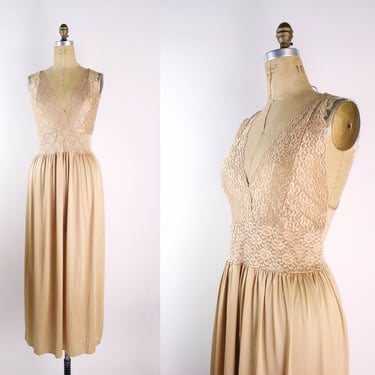 80s Vanity Fair Gold Slip Dress / Vintage Nightgown /Silky Lingerie / Lace Slip Dress / Plus Size / L/XL 