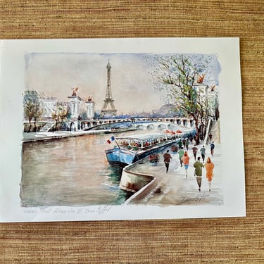 Vintage Claude Ducollet Signed Watercolor Art - Paris Pont Alexandre III Tour Eiffel 