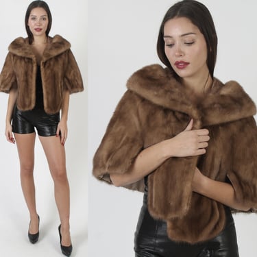 60s Natural Brown Mink Fur Capelet / 1960s Real Autumn Haze Cape / Vintage Huge Draped Shawl Collar / Womens Cropped Lined Shrug 