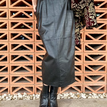 New Wave 80's Black Leather Midi Skirt