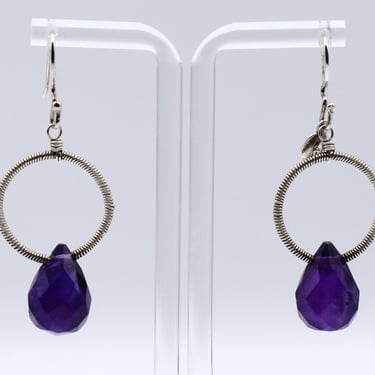 Big 80's amethyst wrapped sterling dangles, edgy 925 silver purple teardrop geometric earrings 