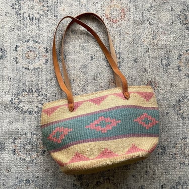Vintage ‘80s ‘90s Bag Bazaar woven southwestern shoulder bag | leather strap natural sisal purse, pastel rainbow, lined, marker bag 