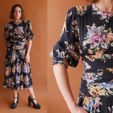 Vintage 80s Dark Floral Puff Sleeve Dress/ 1980s Rayon Midi Dress/ Size Medium 