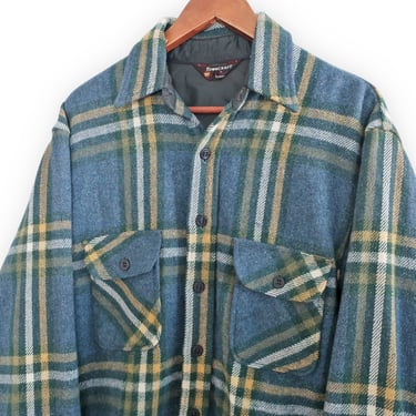 vintage CPO jacket / plaid jacket / 1960s Penneys Towncraft blue green plaid CPO wool jacket Large 