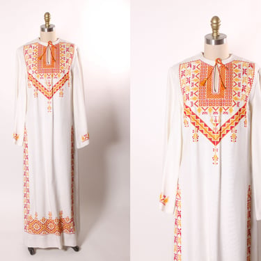 1960s White, Red and Yellow Embroidered Long Sleeve Palestinian Middle Eastern Bohemian Caftan Dress -L 