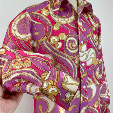 1960'S PUCCI-ESQUE Shirt - Vivid Hot Pink and Purple Colors - Long Lapels, Puffy Sleeves & Double Buttoned Cuffs - Handmade - Men's LARGE 